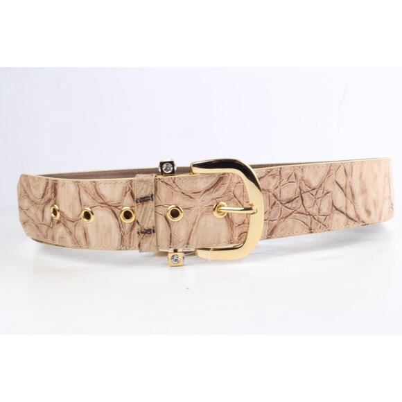 Beige Embossed Leather Wide Adjustable Waist Belt Size 46 Gold Buckle main image 6